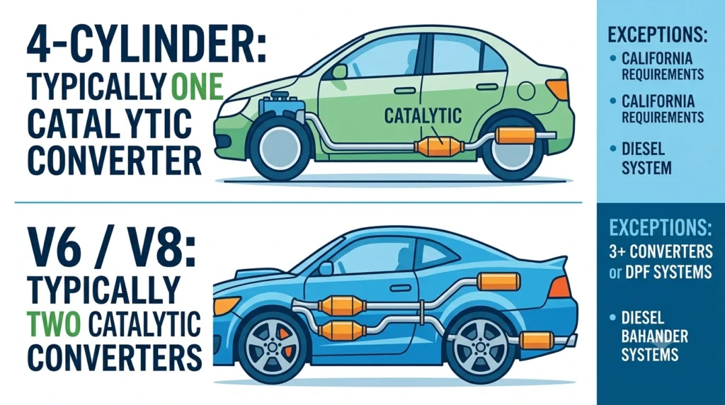 Image of the Number of Catalytic Converters in 4-Cylinder Car VS V6/V8 Car. how many cat converters does a car have?