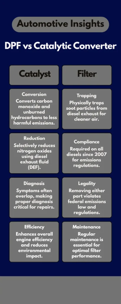 Catalytic Converter vs DPF. Description of the difference between a catalytic converter and a DPF and their respective roles in the form of an infographic.