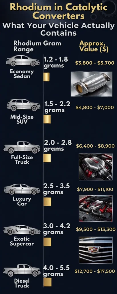 The amount of Rhodium is in a Catalytic Converter of different types of vehicles