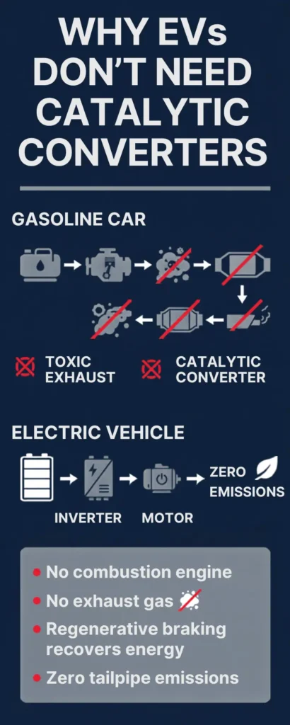 Infographic Explaining Why EVs don't need Catalytic Converters in detail.